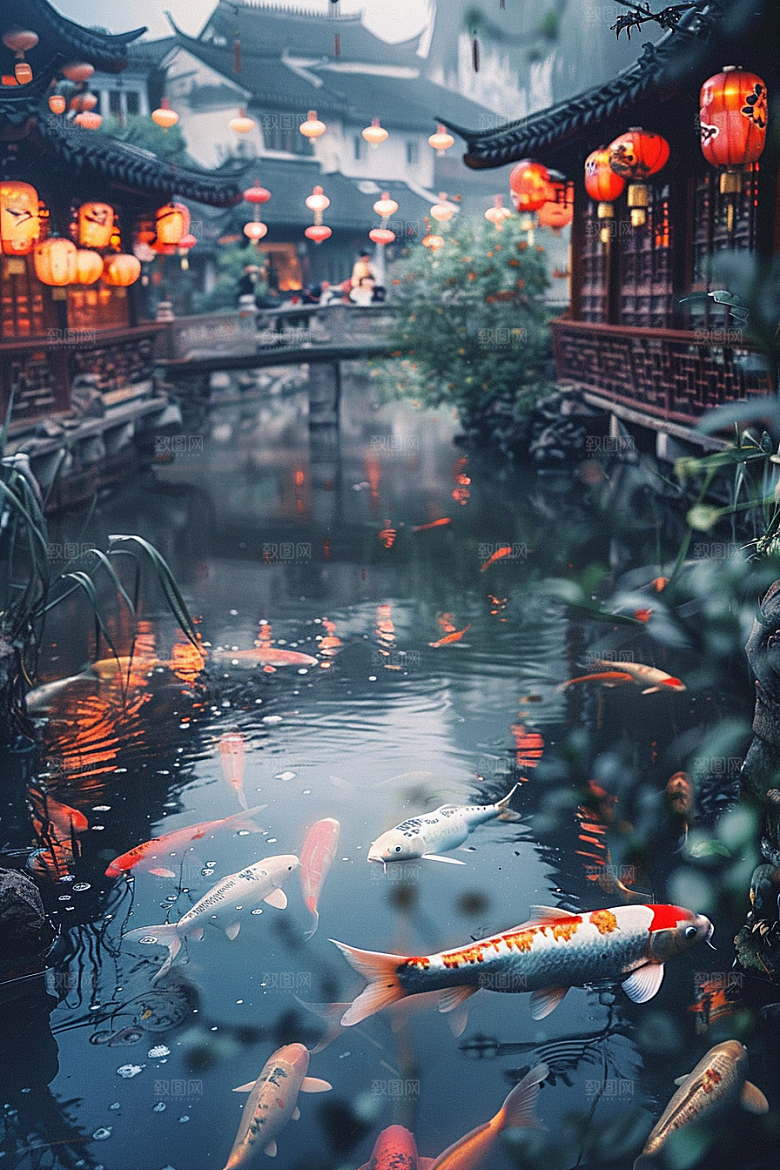 水塘锦鲤过年春节素材