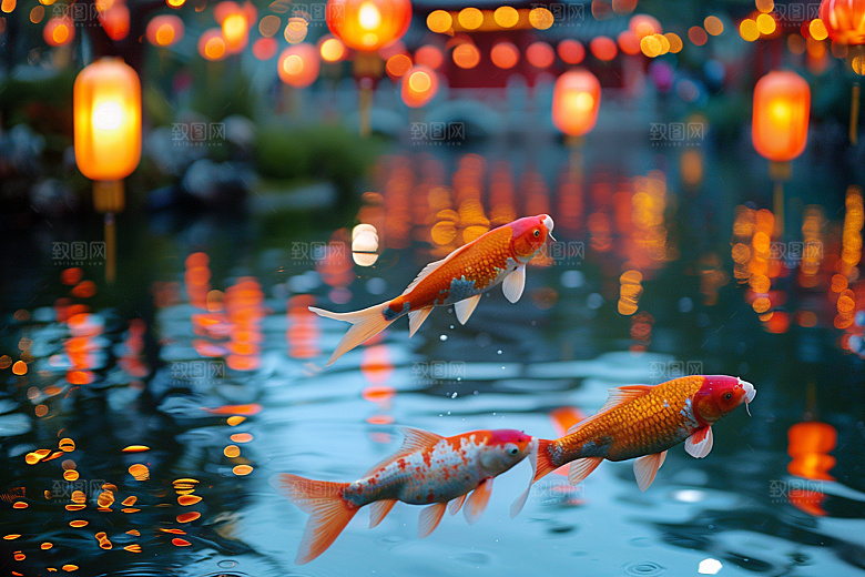 水塘锦鲤中国风许愿素材