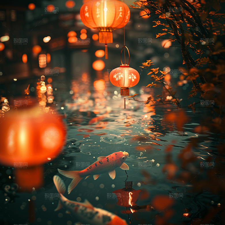 水塘锦鲤中国风祝福素材