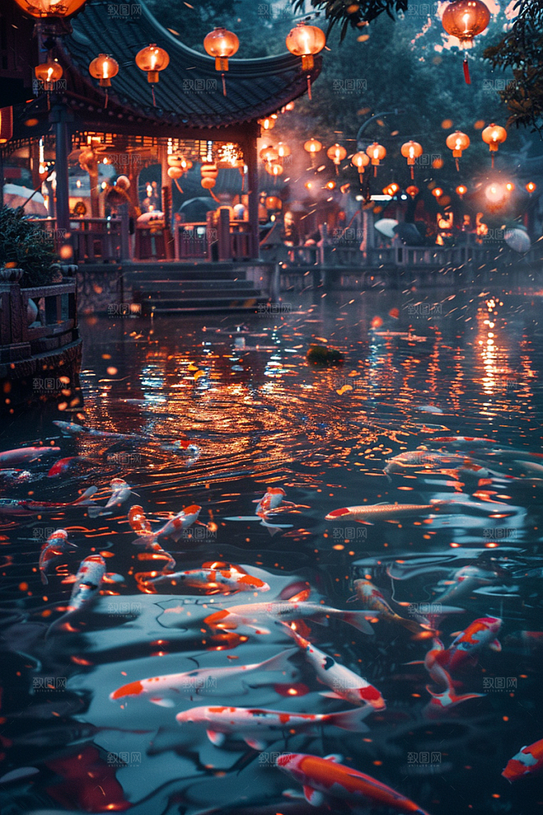 水塘锦鲤山水春节素材