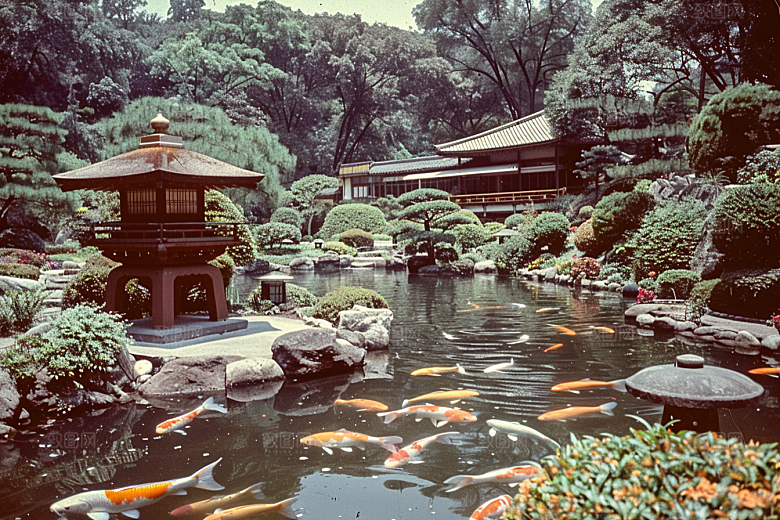 水塘锦鲤许愿山水素材