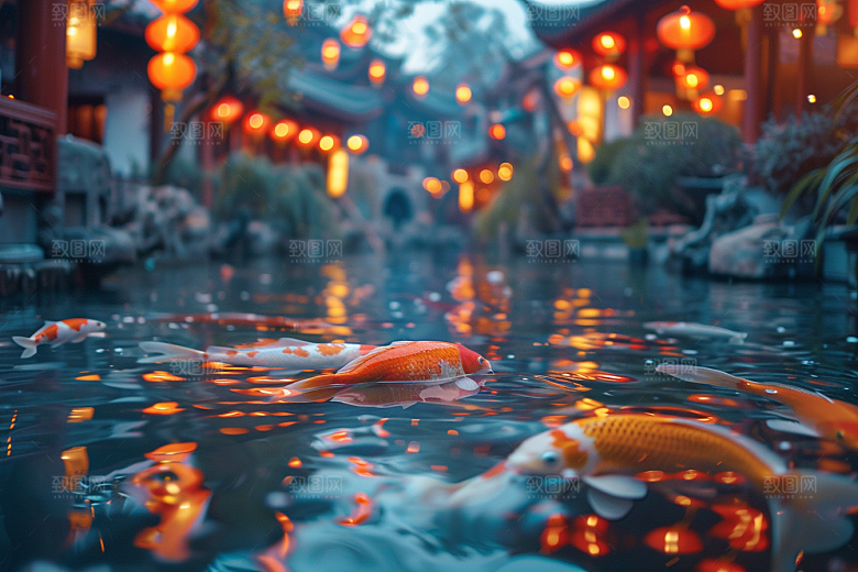 水塘锦鲤祝福春节素材