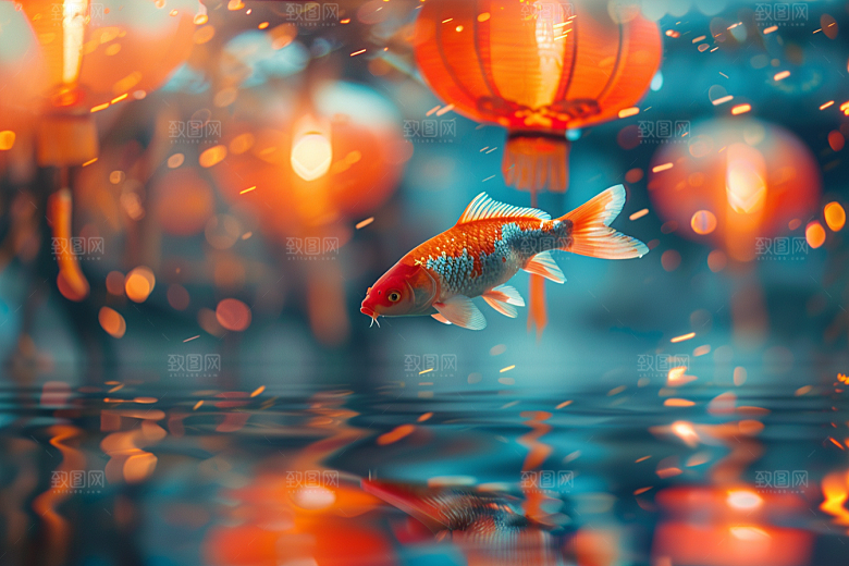 水塘锦鲤祝福新年素材