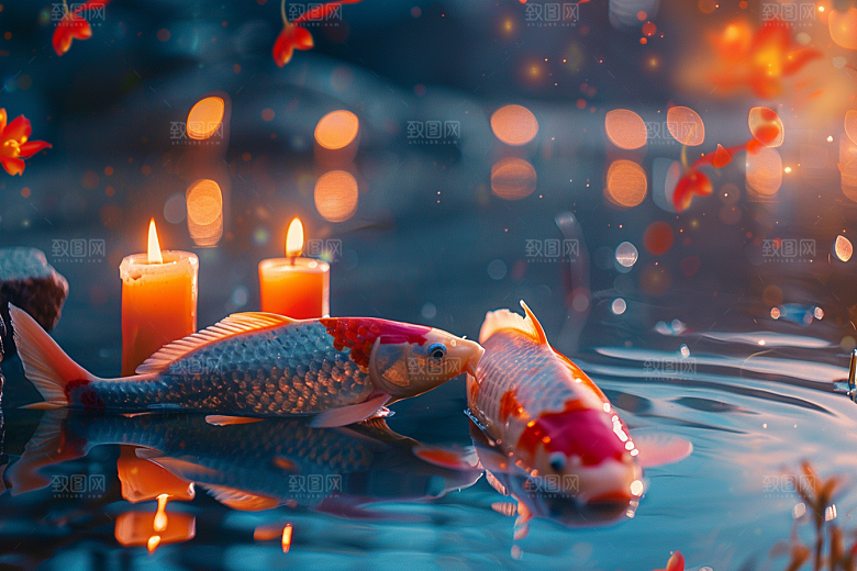 水塘锦鲤新年春节素材