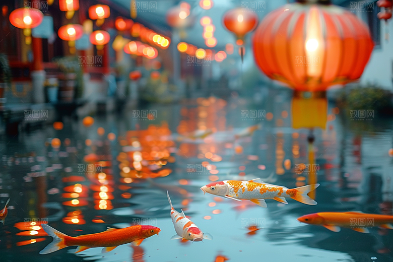 水塘锦鲤新年好运素材