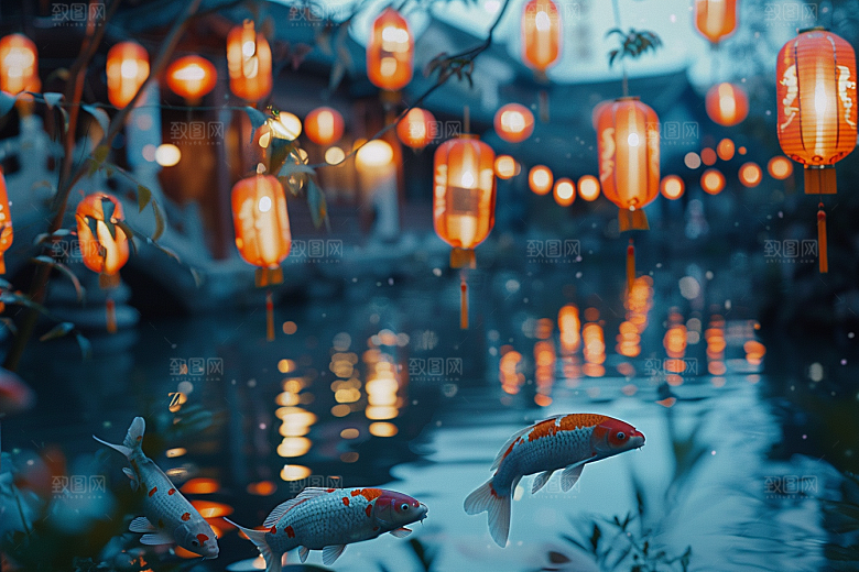 水塘锦鲤好运过年素材