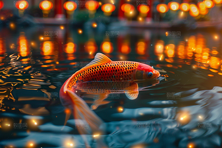 水塘锦鲤许愿新年素材