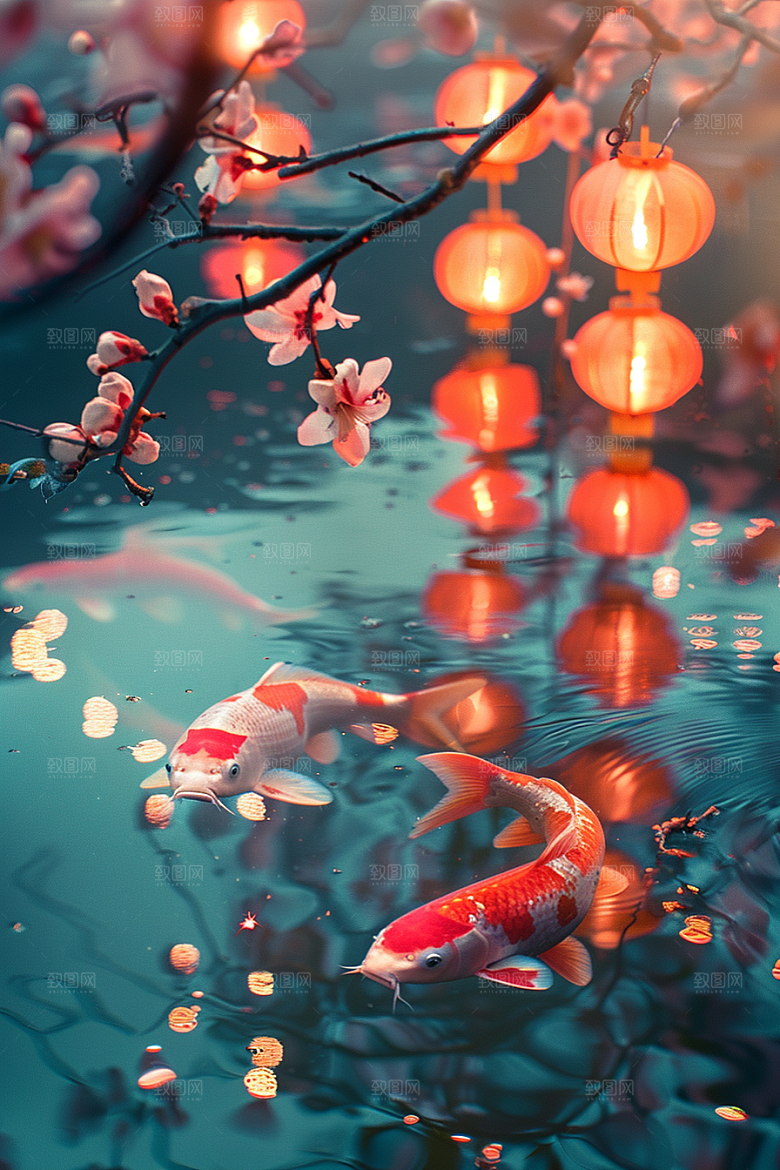 水塘锦鲤祝福园林素材