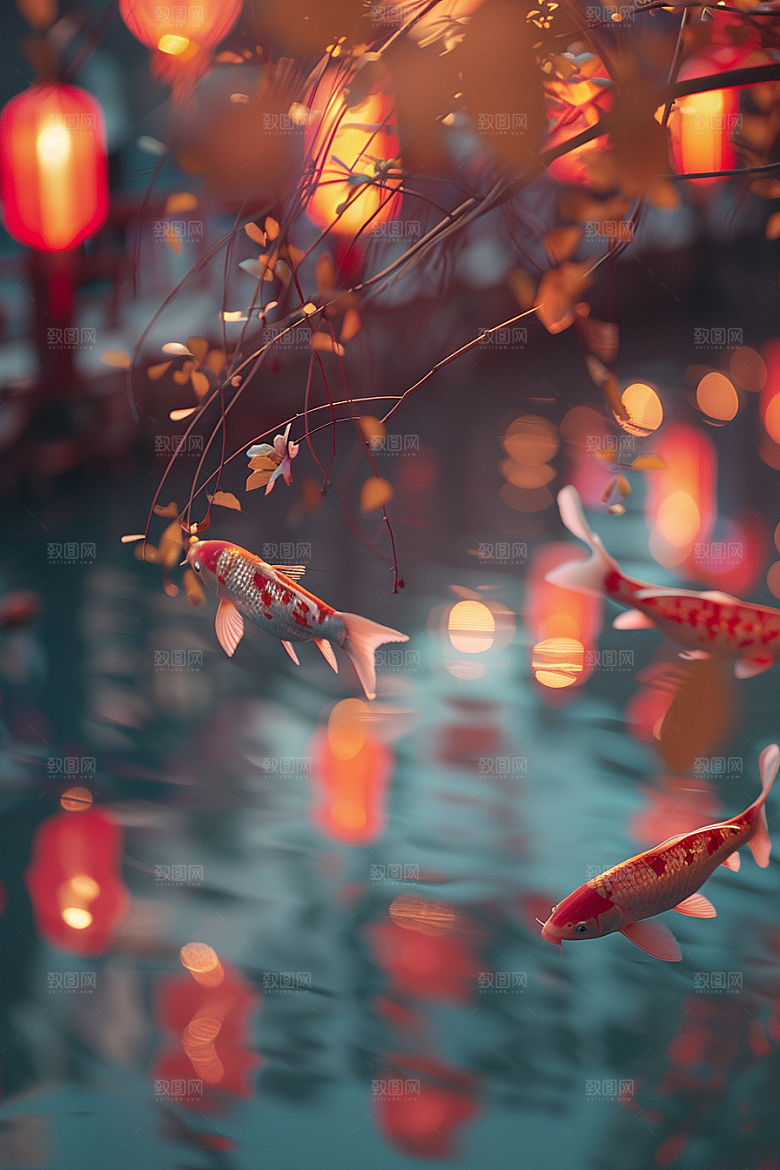水塘锦鲤喜庆许愿素材