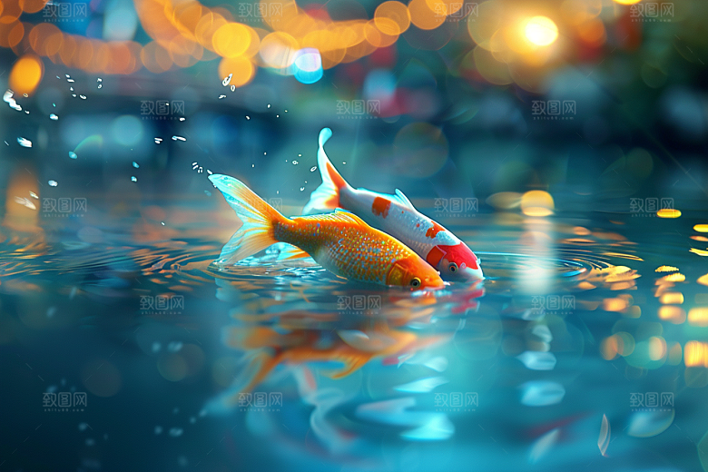 水塘锦鲤祝福中国风素材