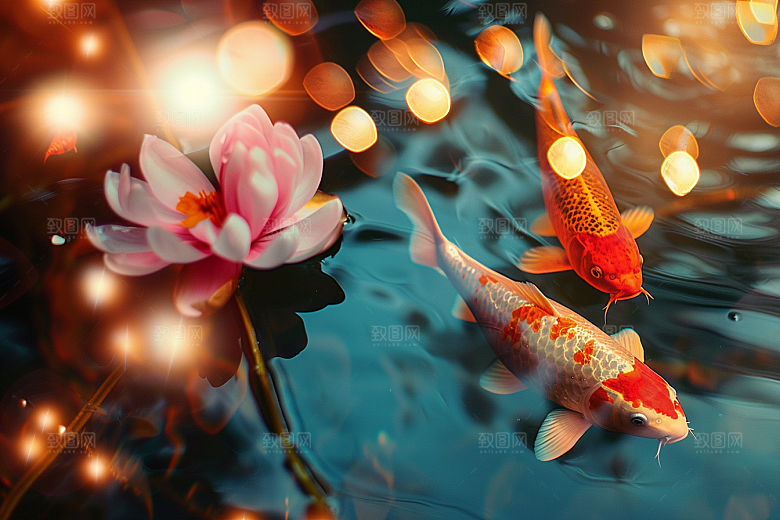 水塘锦鲤新年祝福素材