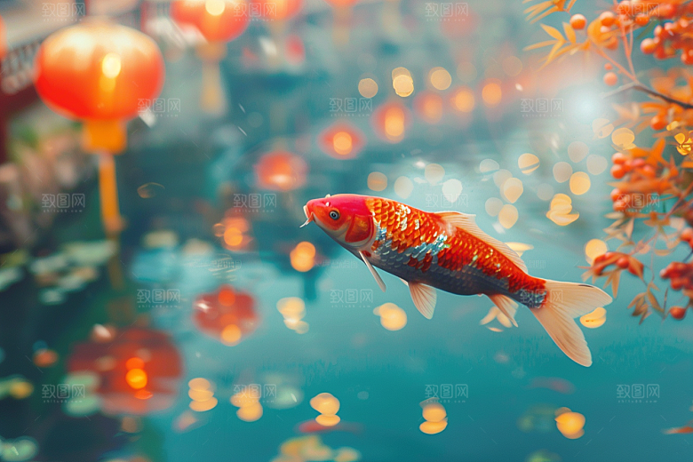 水塘锦鲤春节中国风素材