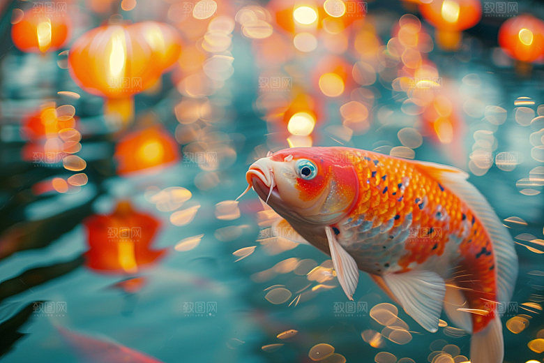 水塘锦鲤山水祝福素材