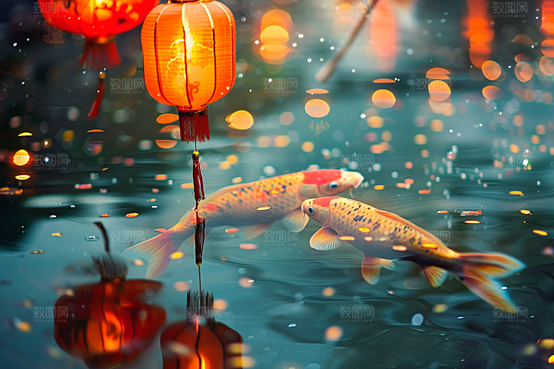 水塘锦鲤新年祝福素材