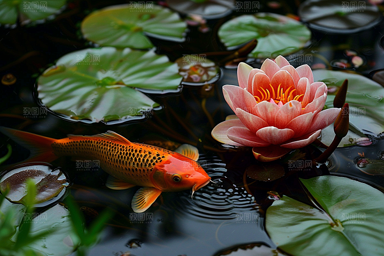水塘锦鲤山水春节素材
