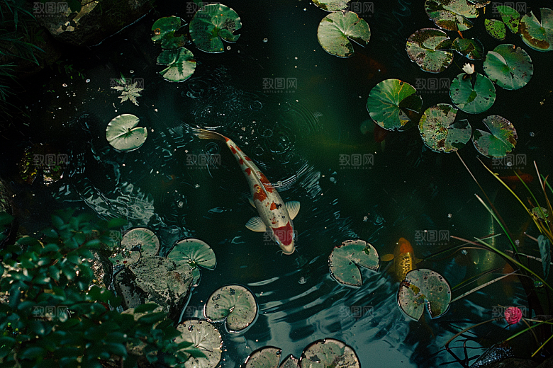 水塘锦鲤春节祝福素材