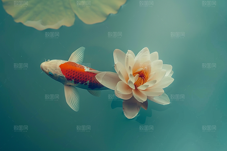 水塘锦鲤园林春节素材