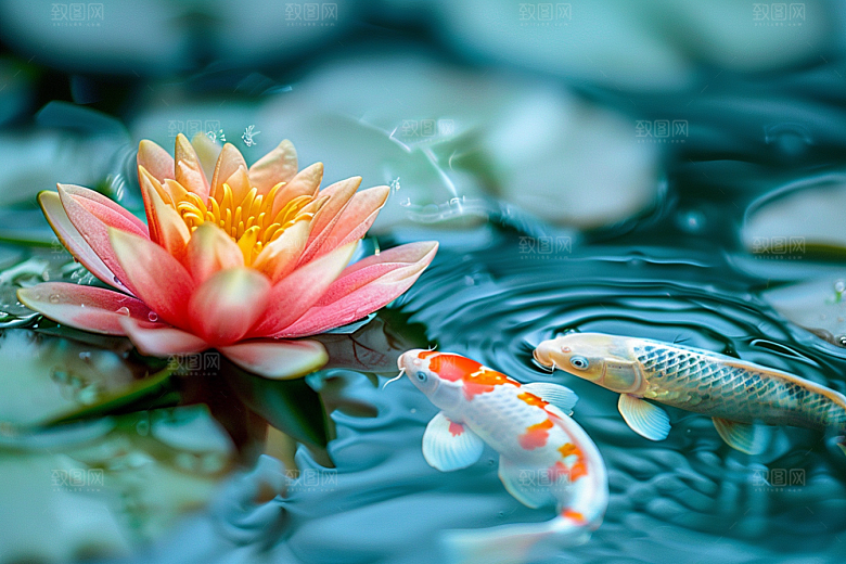 水塘锦鲤祝福春节素材