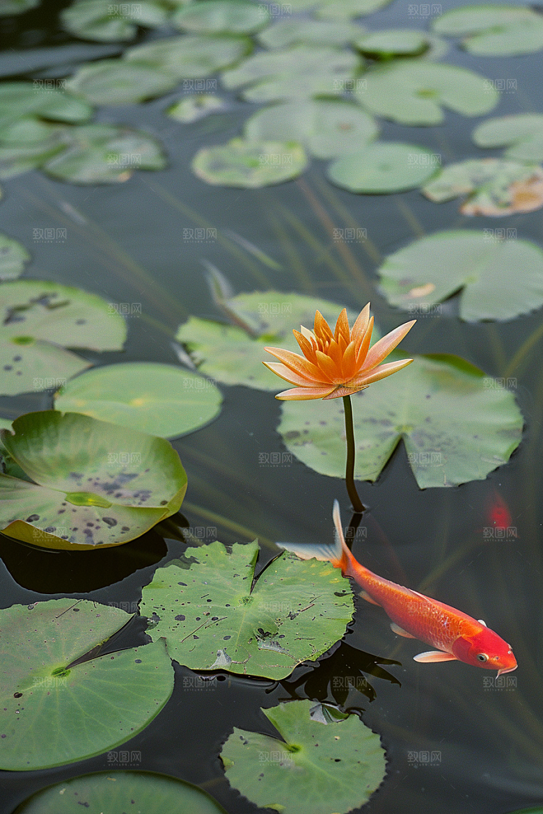 水塘锦鲤园林祝福素材