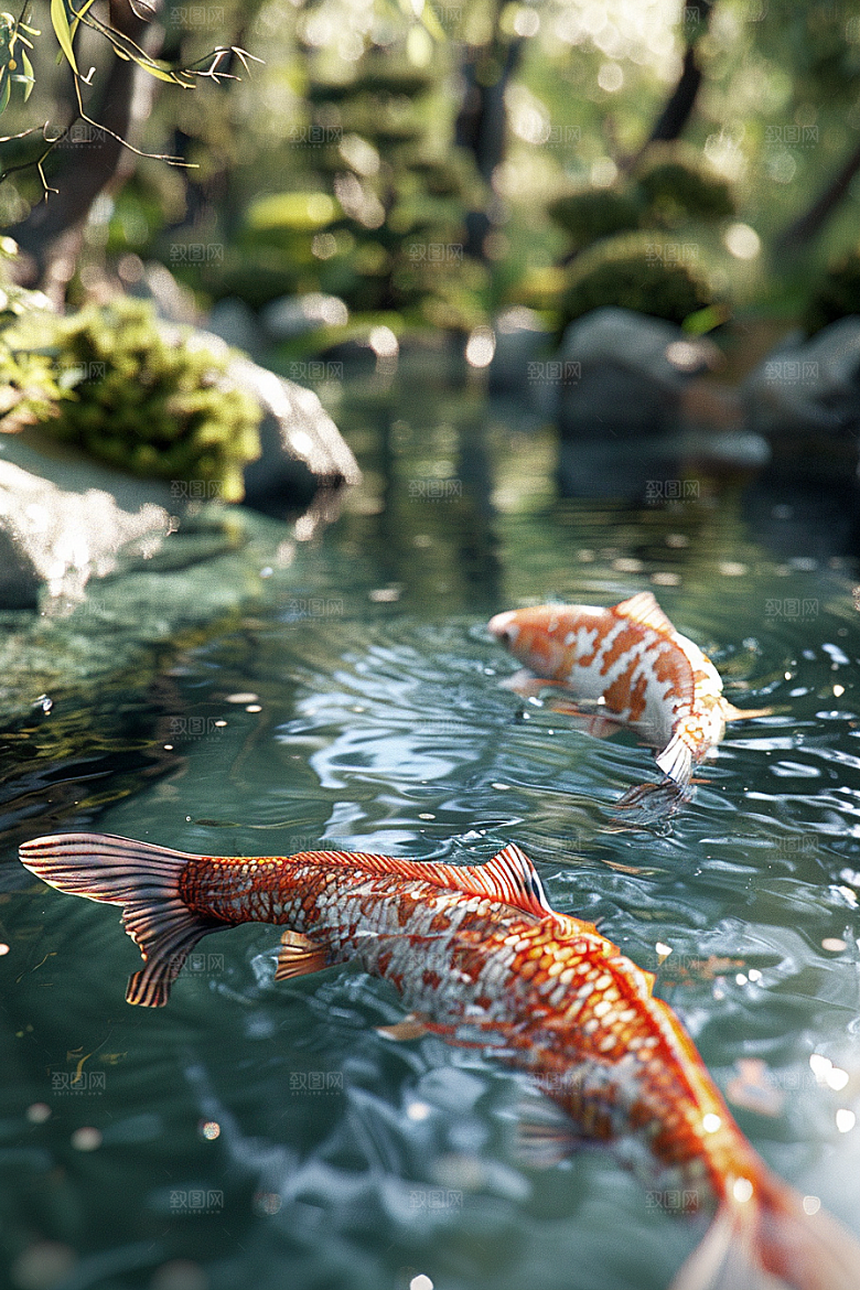 水塘锦鲤祝福园林素材