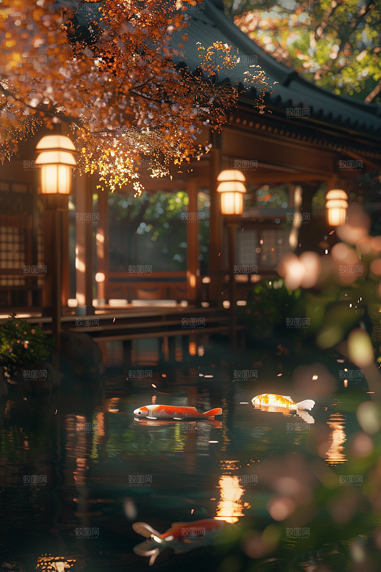 水塘锦鲤山水春节素材