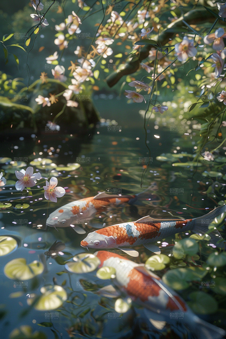 水塘锦鲤水池春节素材