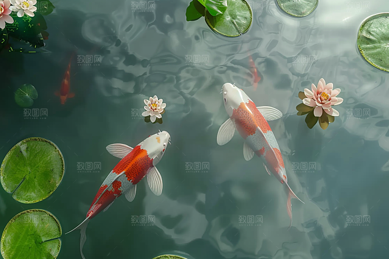 水塘锦鲤祝福春节素材