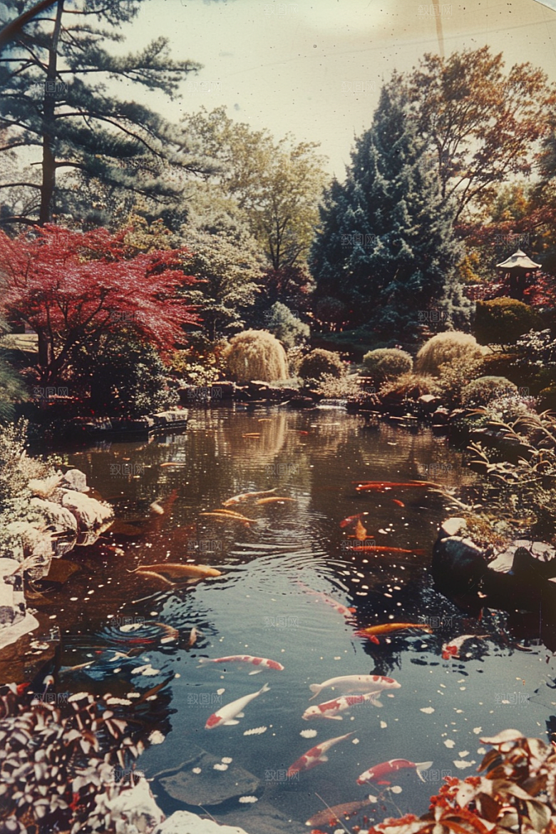 水塘锦鲤园林中国风素材