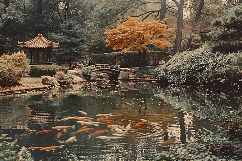 水塘锦鲤山水好运素材