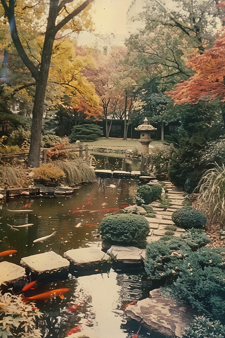 水塘锦鲤园林山水素材