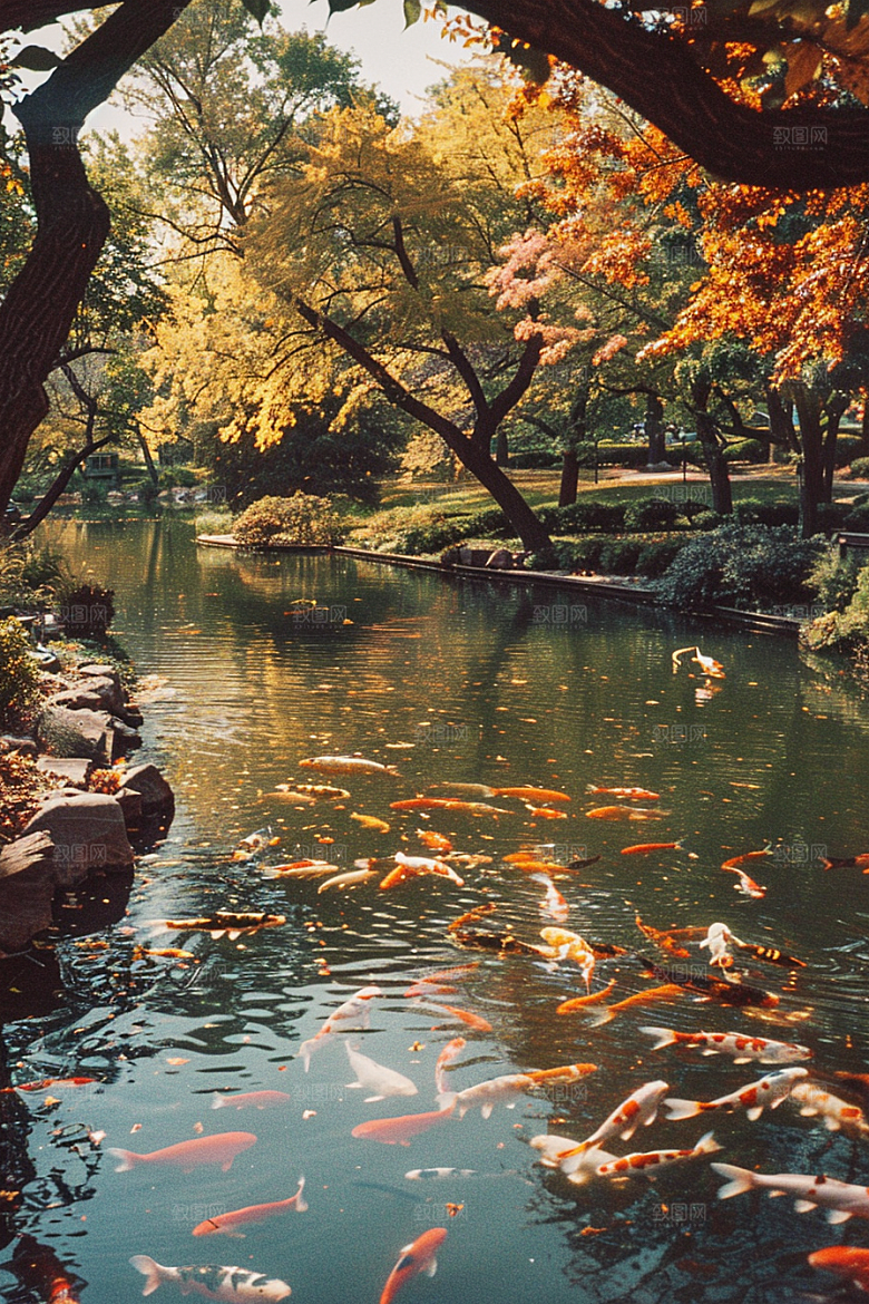 水塘锦鲤许愿喜庆素材