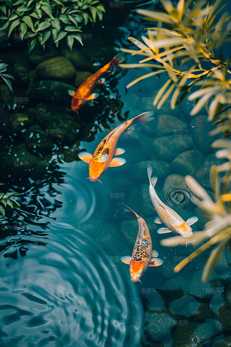水塘锦鲤喜庆园林素材