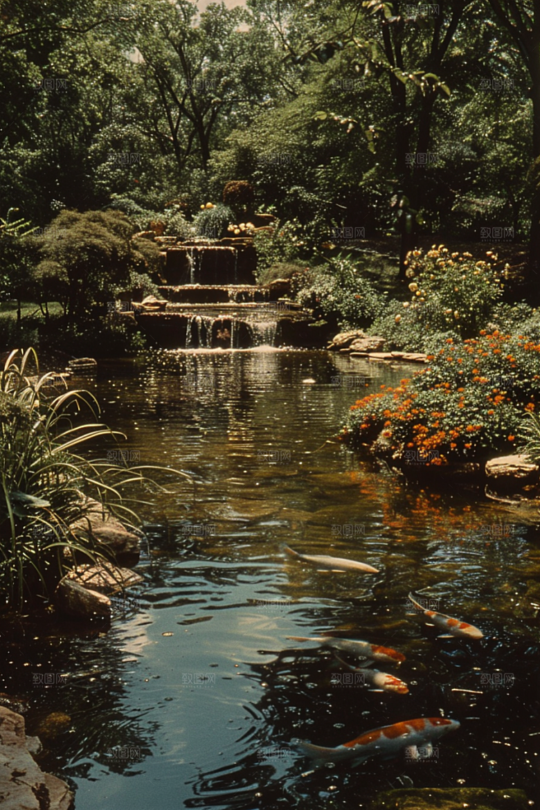 水塘锦鲤五彩水池素材