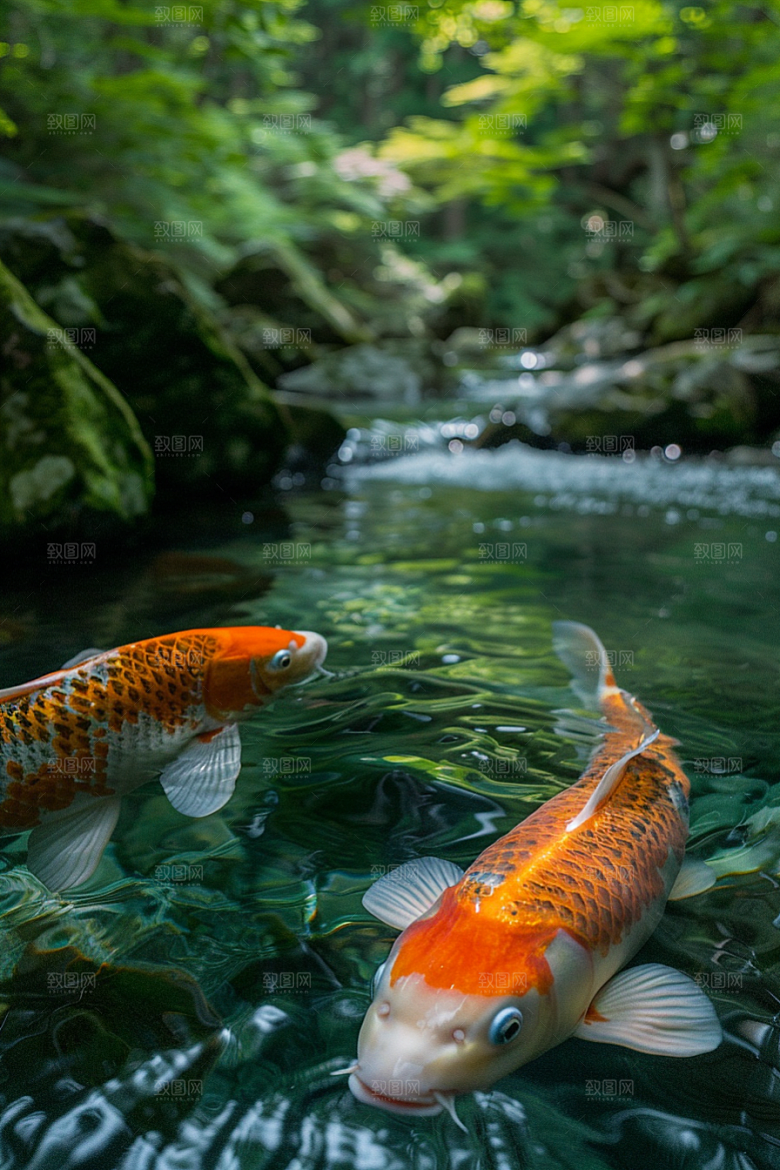 水塘锦鲤好运山水素材