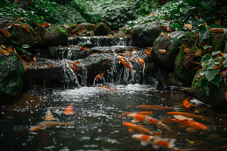 水塘锦鲤园林春节素材