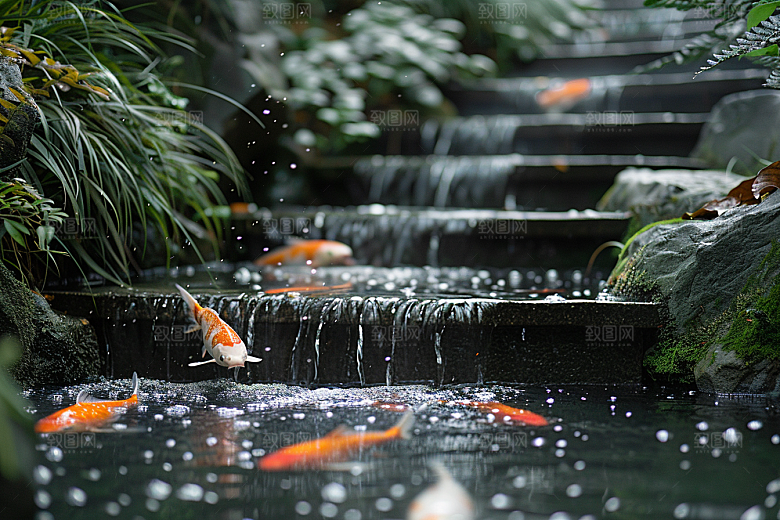 水塘锦鲤园林荷塘素材
