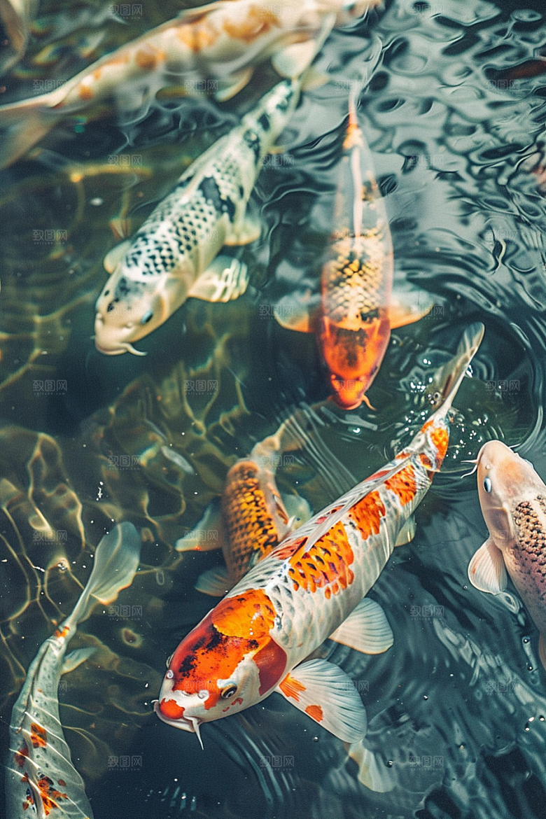 水塘锦鲤山水春节素材