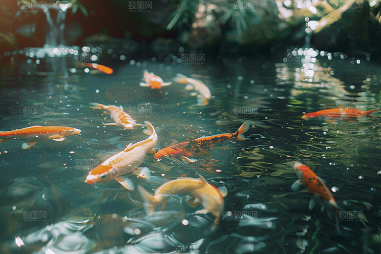 水塘锦鲤祝福高清素材