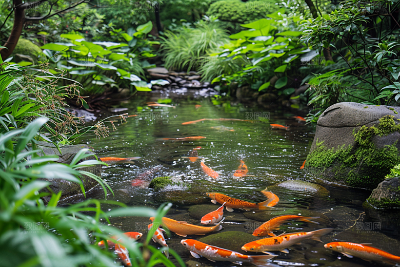 水塘锦鲤荷塘五彩素材