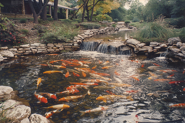 水塘锦鲤山水好运素材