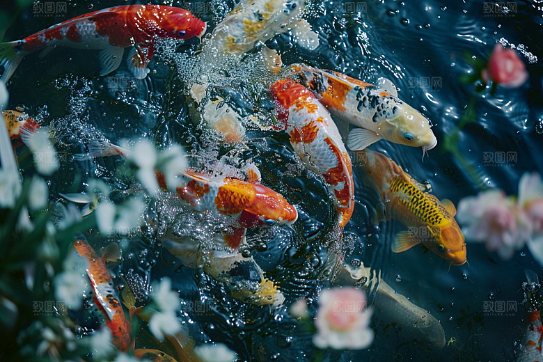 水塘锦鲤许愿喜庆素材