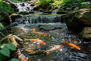 水塘锦鲤五彩山水素材