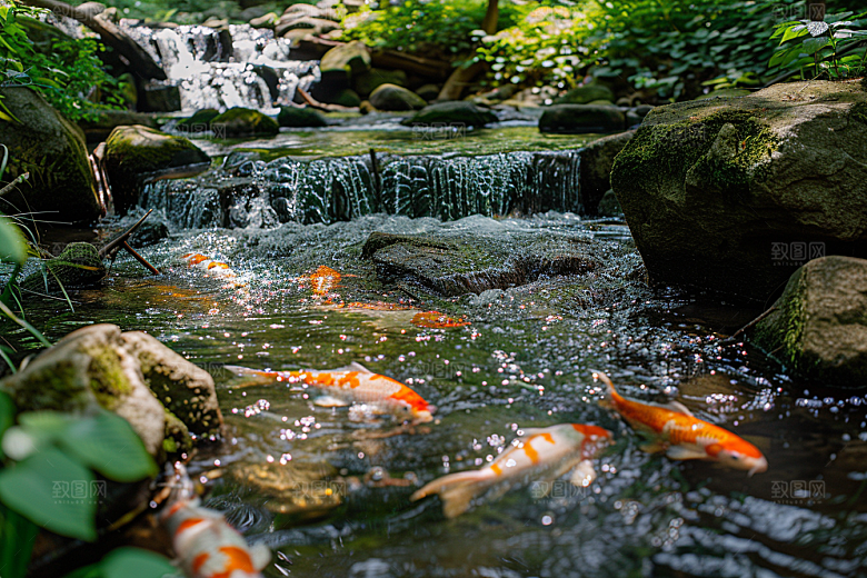 水塘锦鲤五彩山水素材