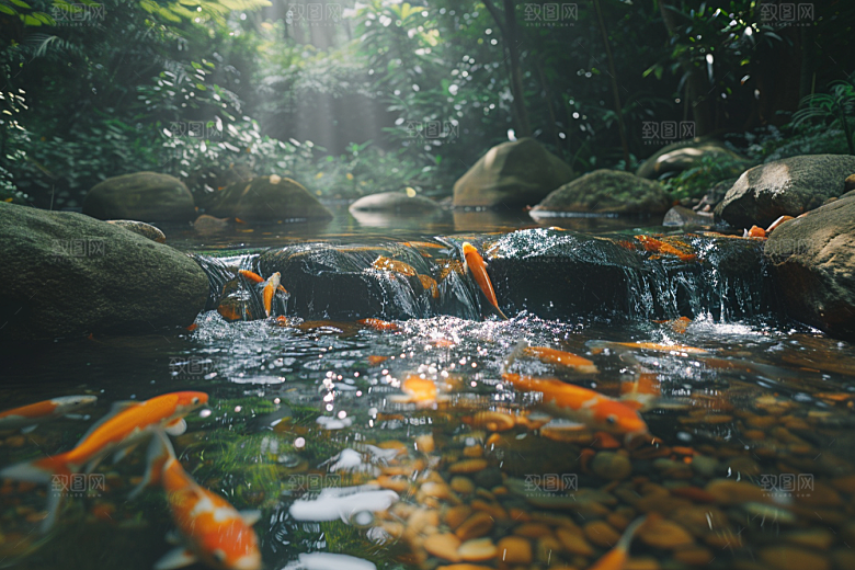 水塘锦鲤五彩山水素材