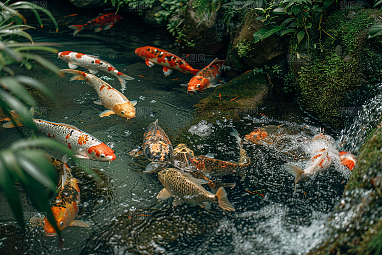 水塘锦鲤园林许愿素材