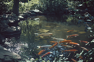 池塘锦鲤自然中式素材