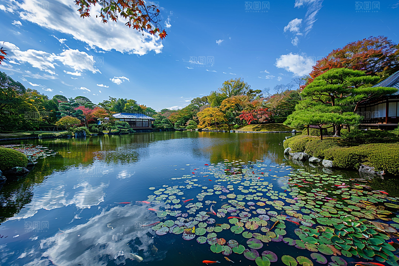 池塘锦鲤中式中国风素材