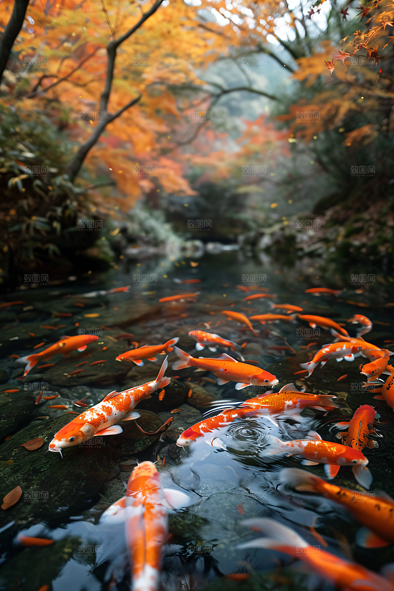 池塘锦鲤小桥流水高清摄影图