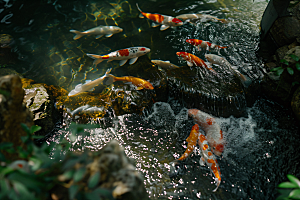 池塘锦鲤鱼塘园景摄影图