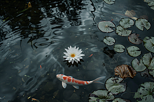 池塘锦鲤荷塘中式摄影图